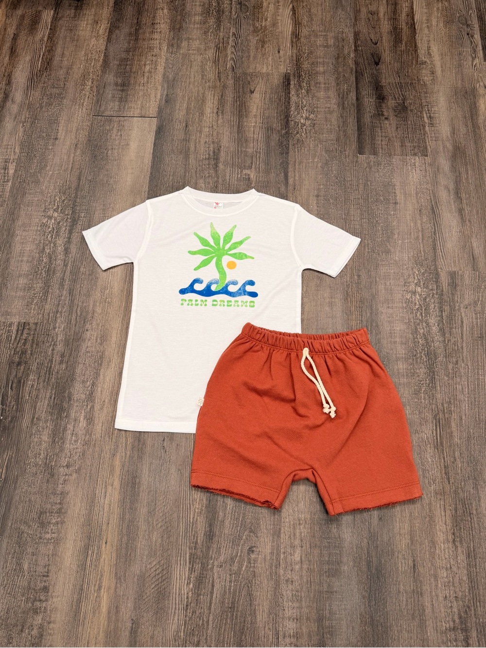Kids White Graphic Tee & Brown Shorts Matching Set